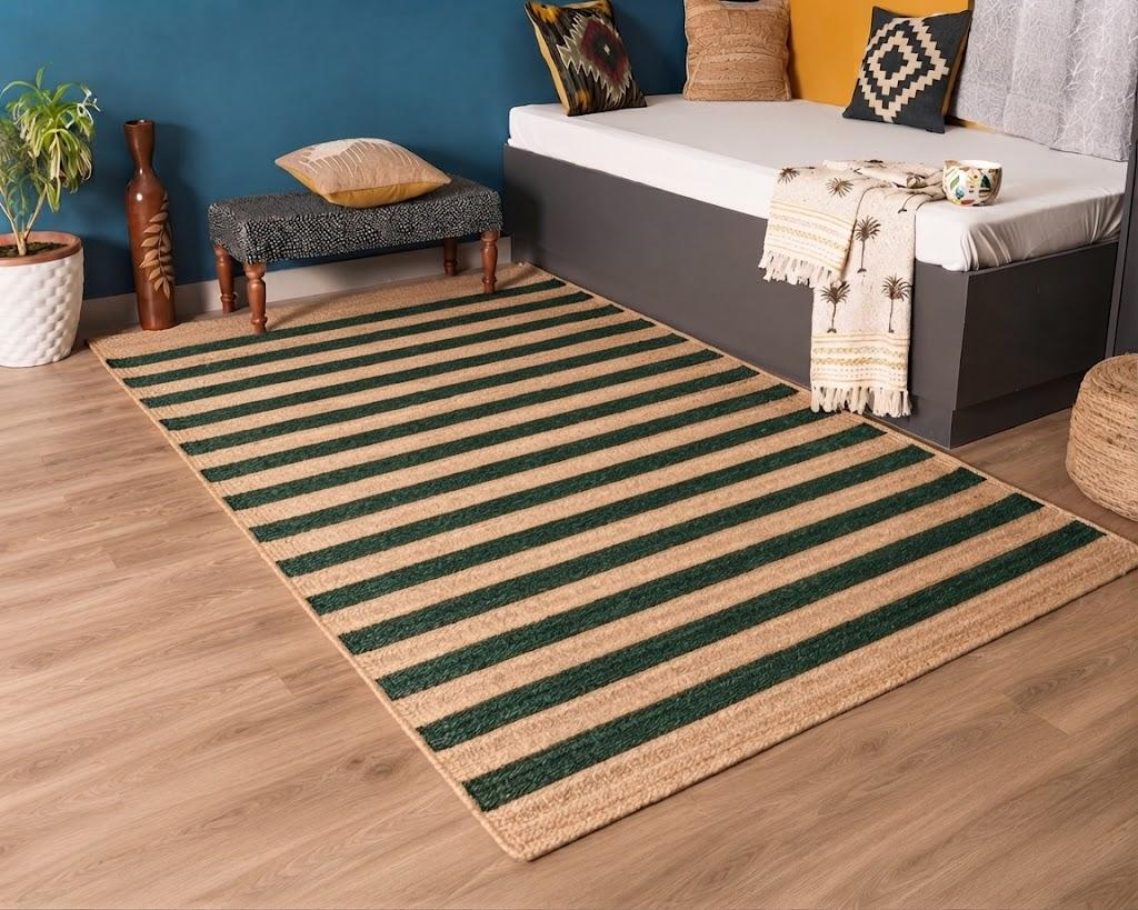 Natural Jute Area Rug Hand Woven Braided Sisal Rug Home Decor Farmhouse Carpet Rag Rug for Kitchen Living Room and Bedroom - Rectangle (Green & Beige)