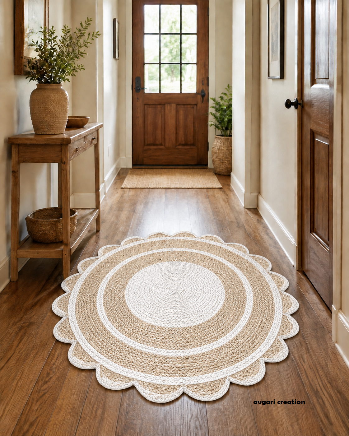 Round Shape Area Rug 100% Hand Braided Rustic Look Carpet for Home Decor Farmhouse Boho Scallop Rugs (White Border)