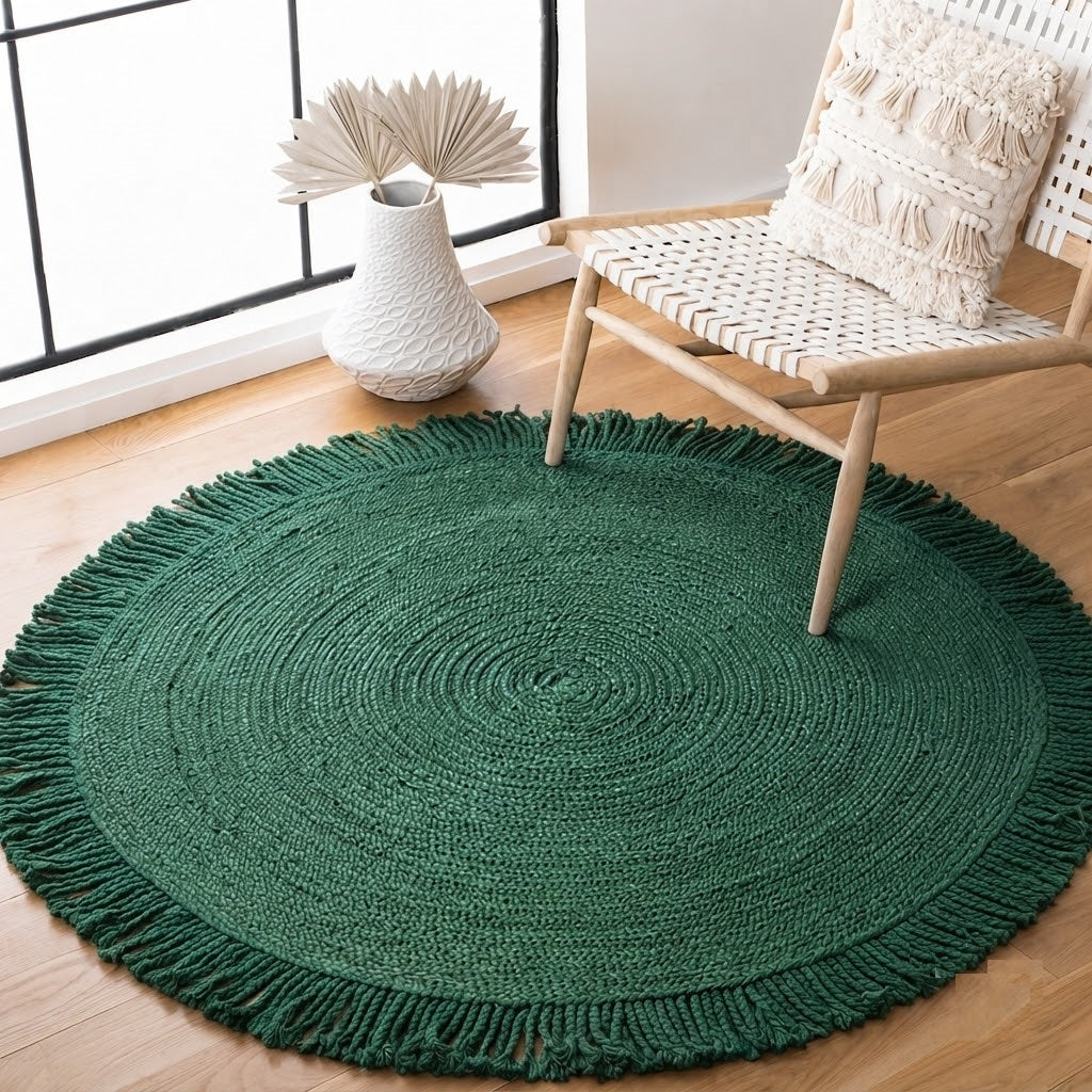 Round Shape Area Rug 100% Hand Braided Rustic Look Carpet for Home Decor Farmhouse Boho Rugs Mats With Fringes (Green)