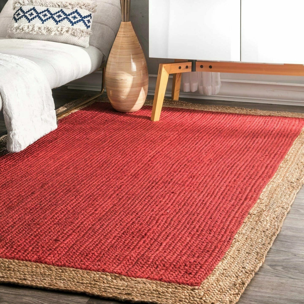 Rectangle Natural Jute Area Rug Hand Woven Braided Sisal Rug Home Decor Farmhouse Carpet Rag Rug for Kitchen Living Room and Bedroom-Red Dye