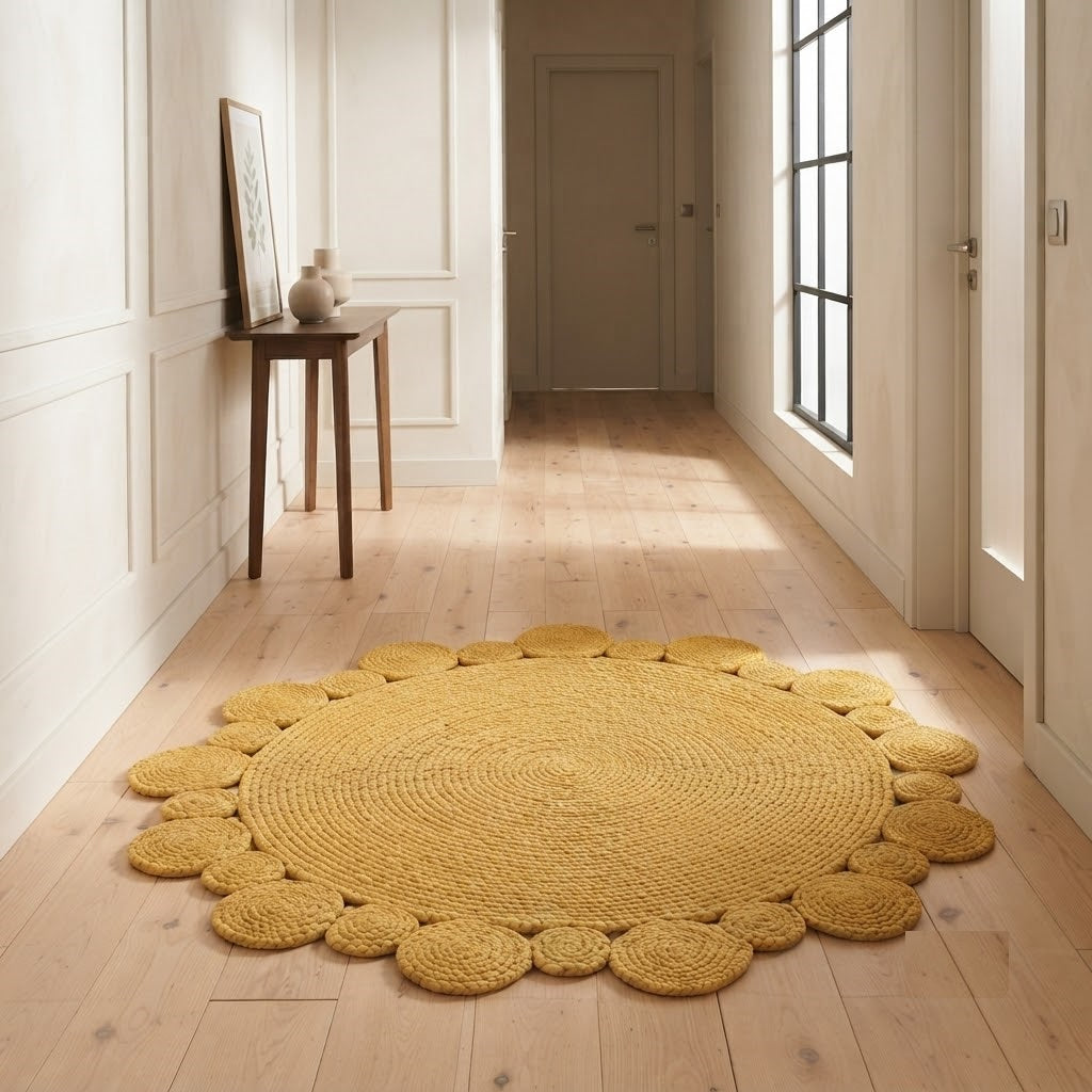 Round Shape Area Rug 100% Hand Braided Rustic Look Carpet for Home Decor Farmhouse Boho Scallop Rugs (Yellow)