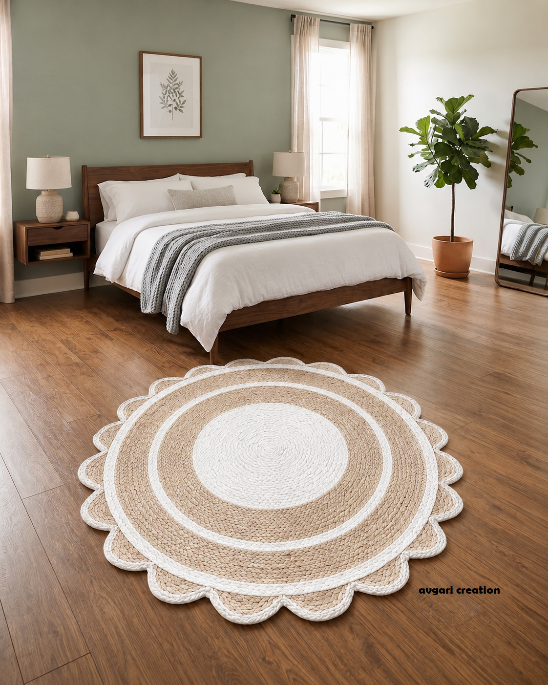 Round Shape Area Rug 100% Hand Braided Rustic Look Carpet for Home Decor Farmhouse Boho Scallop Rugs (White Border)