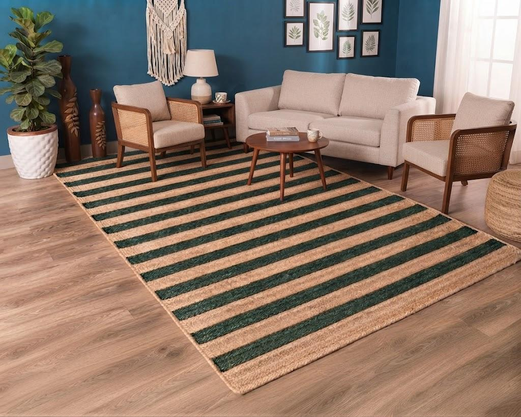 Natural Jute Area Rug Hand Woven Braided Sisal Rug Home Decor Farmhouse Carpet Rag Rug for Kitchen Living Room and Bedroom - Rectangle (Green & Beige)
