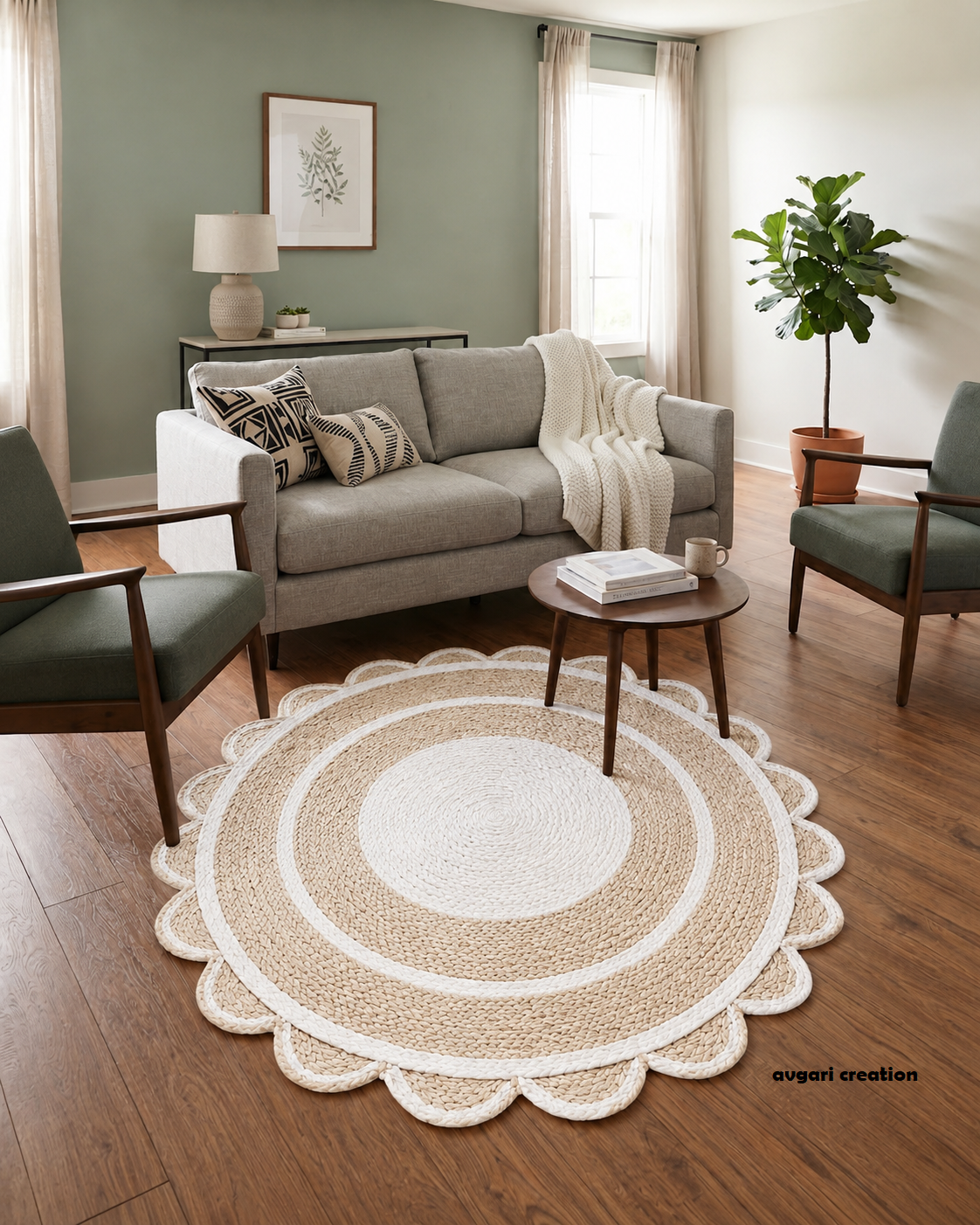 Round Shape Area Rug 100% Hand Braided Rustic Look Carpet for Home Decor Farmhouse Boho Scallop Rugs (White Border)