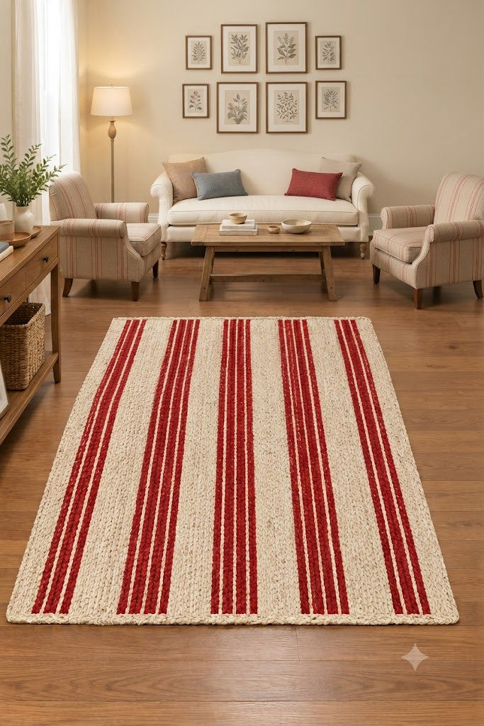 Rectangle Jute Area Rug Hand Woven Braided Sisal Rug Home Decor Farmhouse Carpet Rag Rug for Kitchen Living Room and Bedroom-Beige & Red Stripe