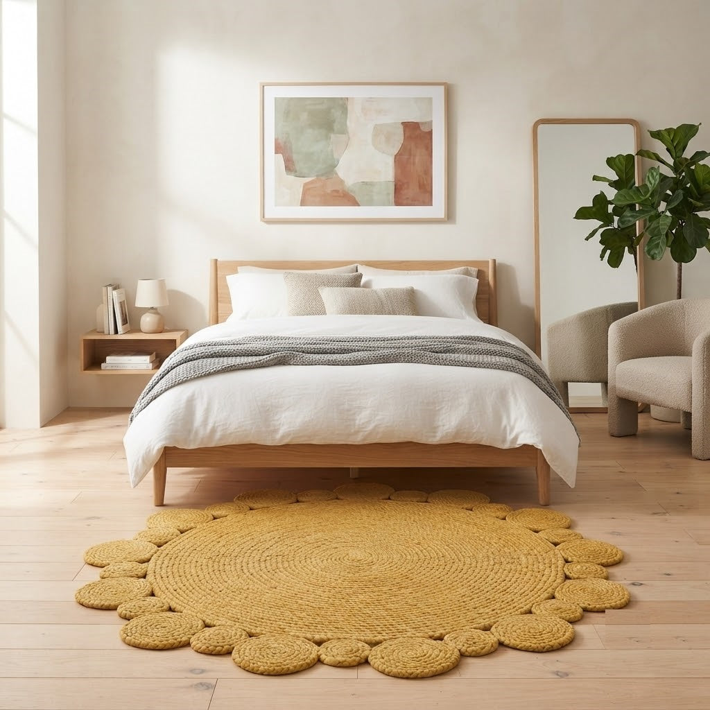 Round Shape Area Rug 100% Hand Braided Rustic Look Carpet for Home Decor Farmhouse Boho Scallop Rugs (Yellow)