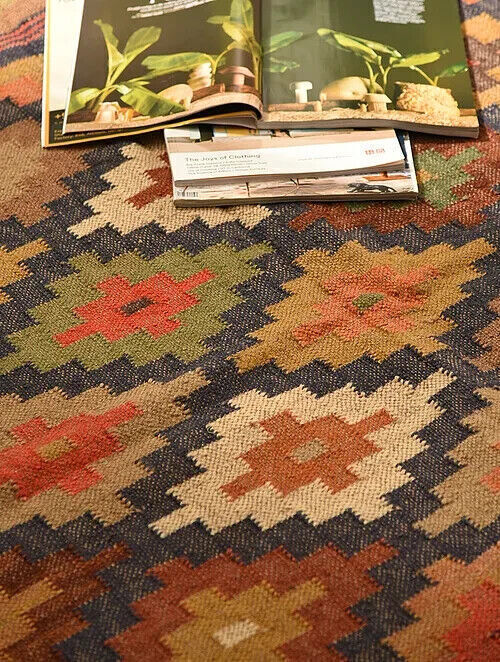 Handmade Rectangle Kilim Durable Area Carpet Jute Rug WoolBoho Rustic Look Farmhouse Mats