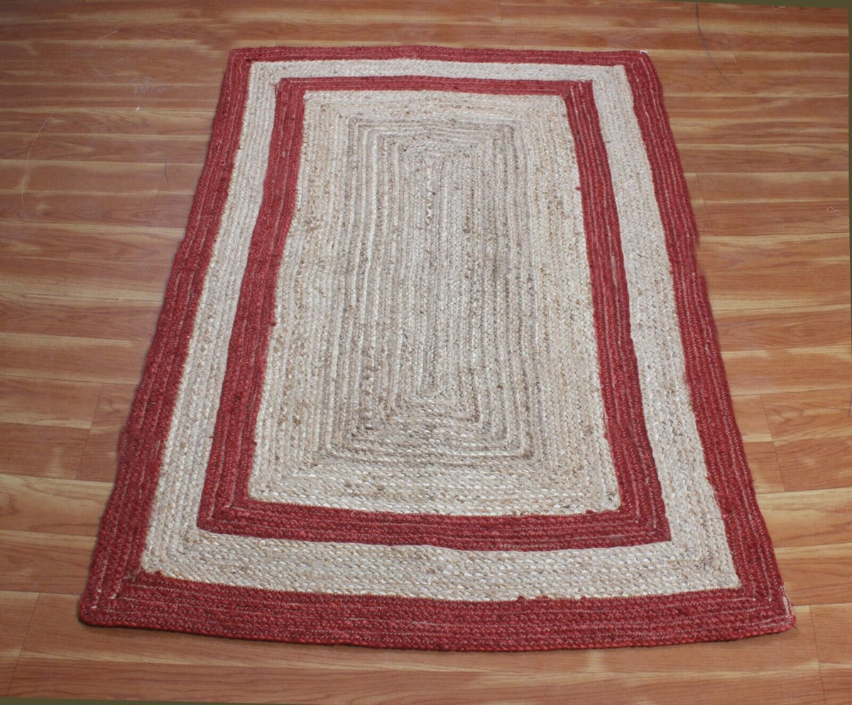 Rectangle Natural Jute Area Rug Hand Woven Braided Designer Carpet Rag Rug for Kitchen Living Room and Bedroom Area Rug (Red Border)