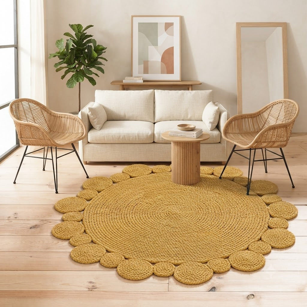 Round Shape Area Rug 100% Hand Braided Rustic Look Carpet for Home Decor Farmhouse Boho Scallop Rugs (Yellow)