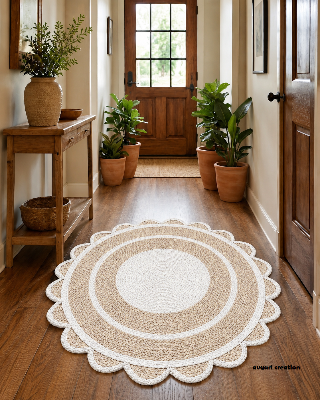 Round Shape Area Rug 100% Hand Braided Rustic Look Carpet for Home Decor Farmhouse Boho Scallop Rugs (White Border)