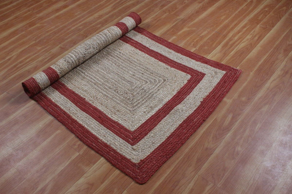 Rectangle Natural Jute Area Rug Hand Woven Braided Designer Carpet Rag Rug for Kitchen Living Room and Bedroom Area Rug (Red Border)