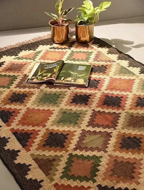 Handmade Rectangle Kilim Durable Area Carpet Jute Rug WoolBoho Rustic Look Farmhouse Mats