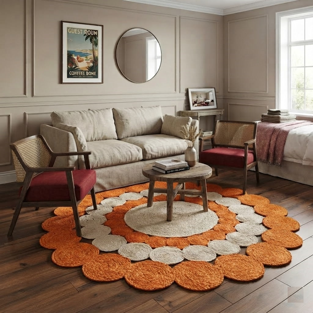 Jute Rug Round Shape Area Rug 100% Hand Braided Rustic Look Area Rug for Home Decor Farmhouse Boho Carpet Mats (Orange & White)