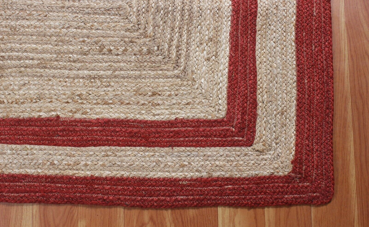 Rectangle Natural Jute Area Rug Hand Woven Braided Designer Carpet Rag Rug for Kitchen Living Room and Bedroom Area Rug (Red Border)