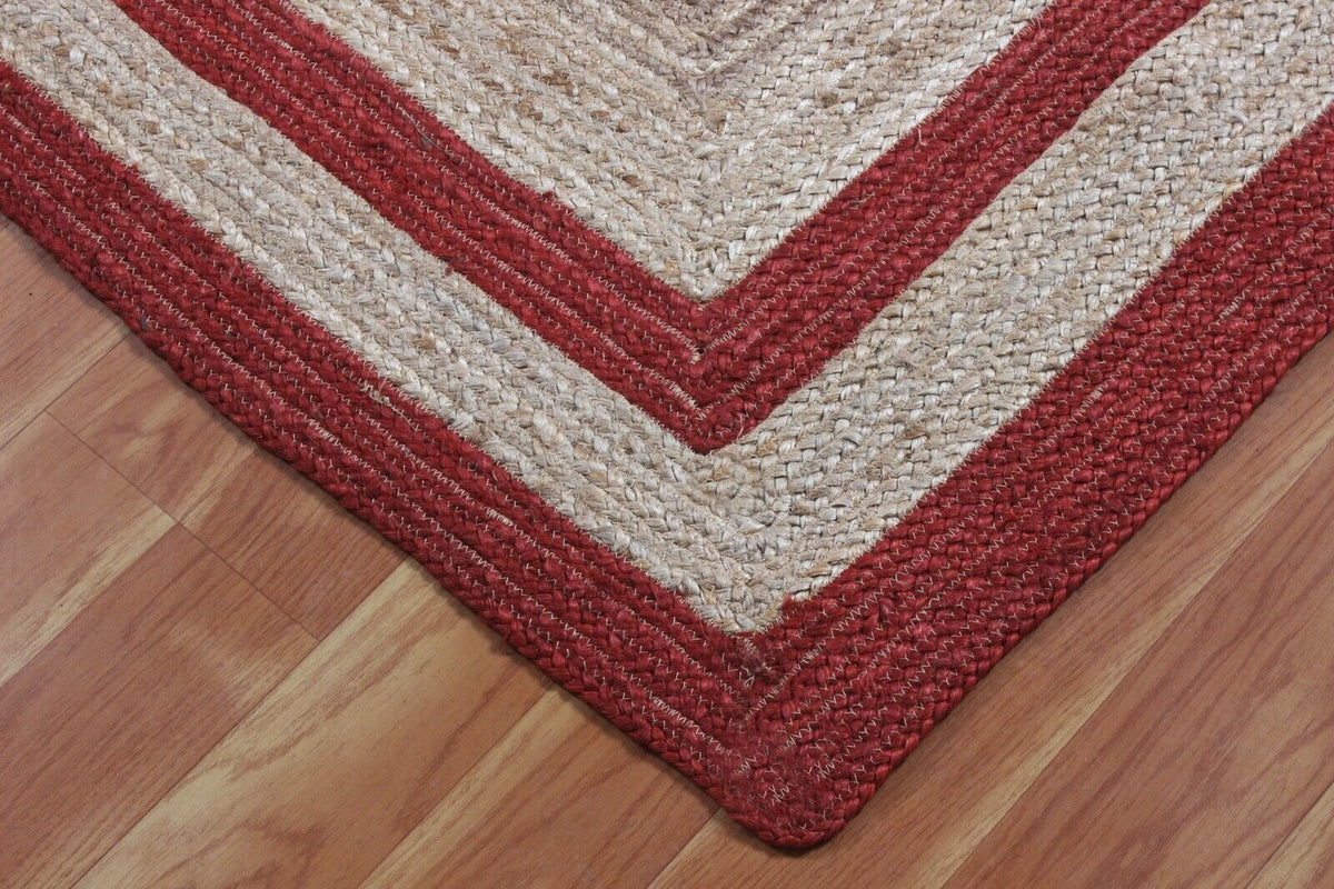 Rectangle Natural Jute Area Rug Hand Woven Braided Designer Carpet Rag Rug for Kitchen Living Room and Bedroom Area Rug (Red Border)