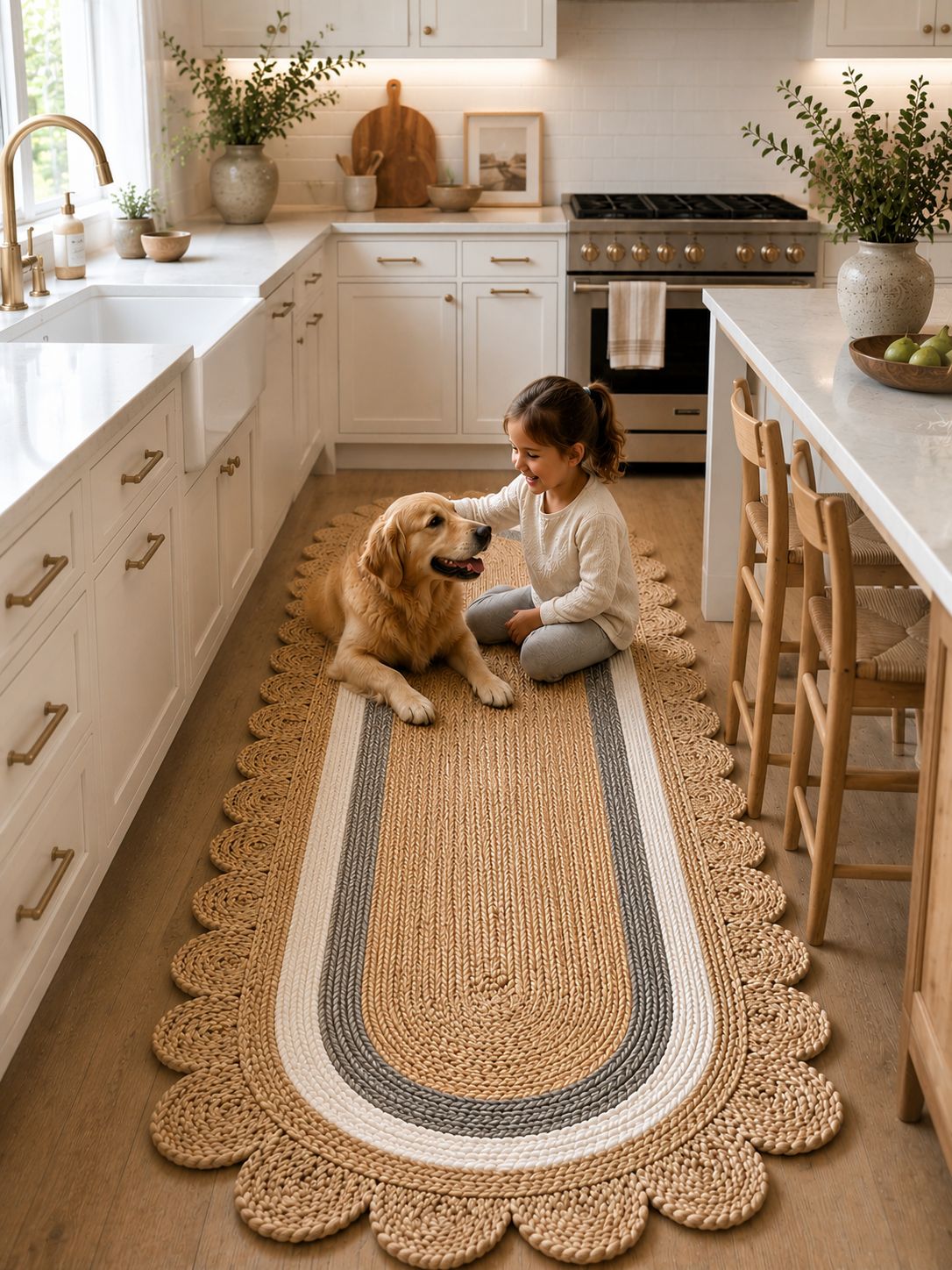 Oval Handwoven Jute Area Rug Natural Farmhouse Boho Rug for Living Room, Bedroom & Entryway Rustic Indoor Floor Scallop Carpet (Grey White Border)