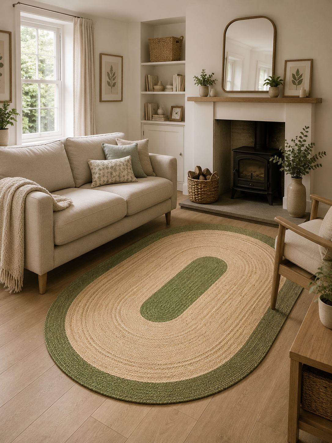 Natural Farmhouse Boho Oval Handwoven Jute Area Rug for Living Room, Bedroom & Entryway Rustic Indoor Floor Carpet (Green Border)