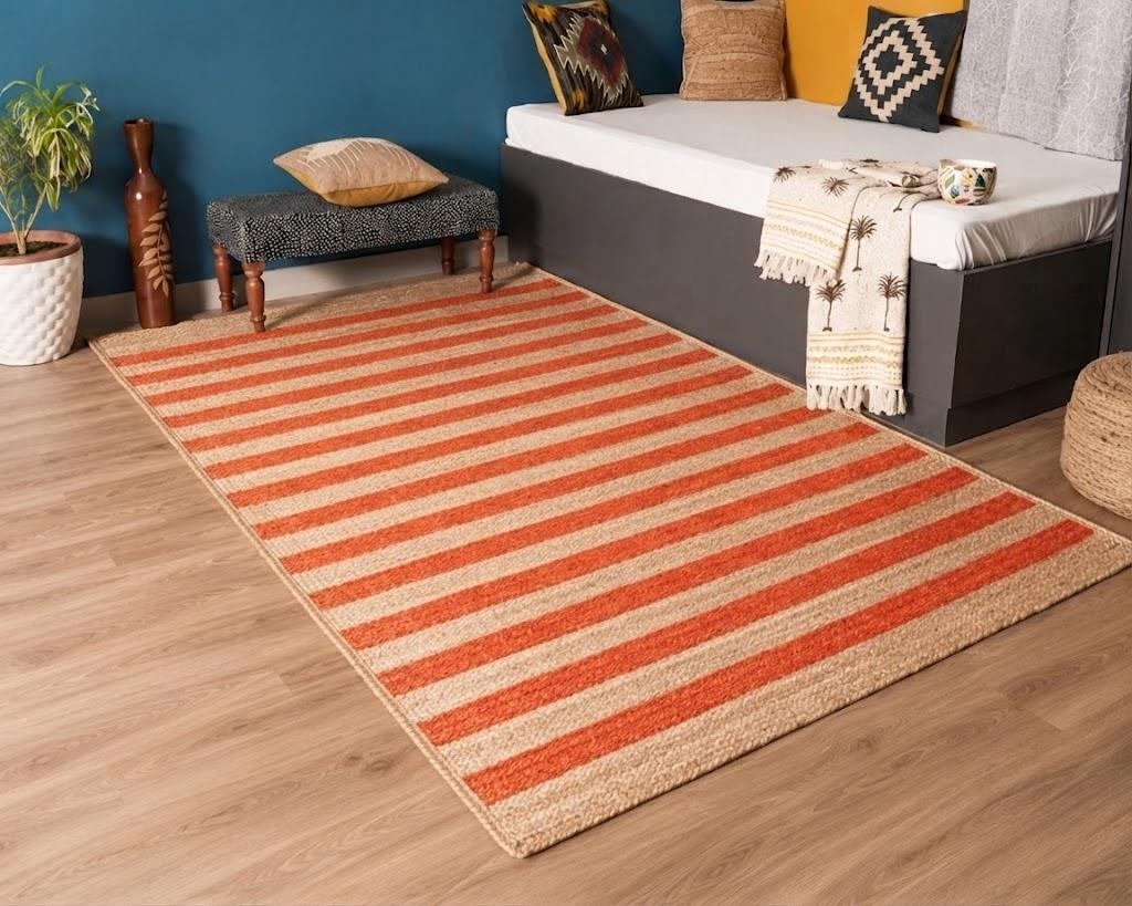 Natural Jute Area Rug Hand Woven Braided Sisal Rug Home Decor Farmhouse Carpet Rag Rug for Kitchen Living Room and Bedroom - Rectangle (Orange & Beige)