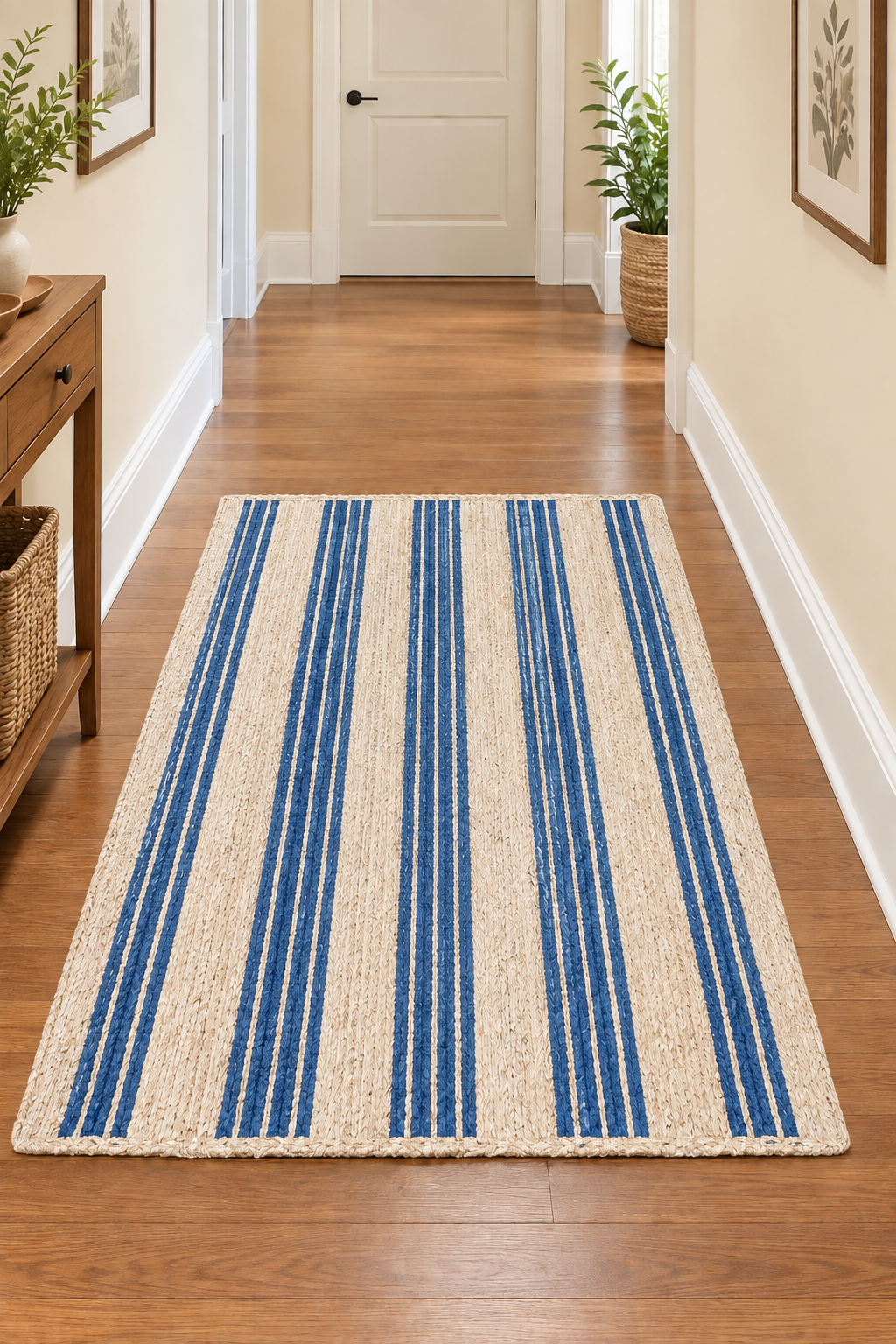 Rectangle Jute Area Rug Hand Woven Braided Sisal Rug Home Decor Farmhouse Carpet Rag Rug for Kitchen Living Room and Bedroom-Beige & Blue Stripe