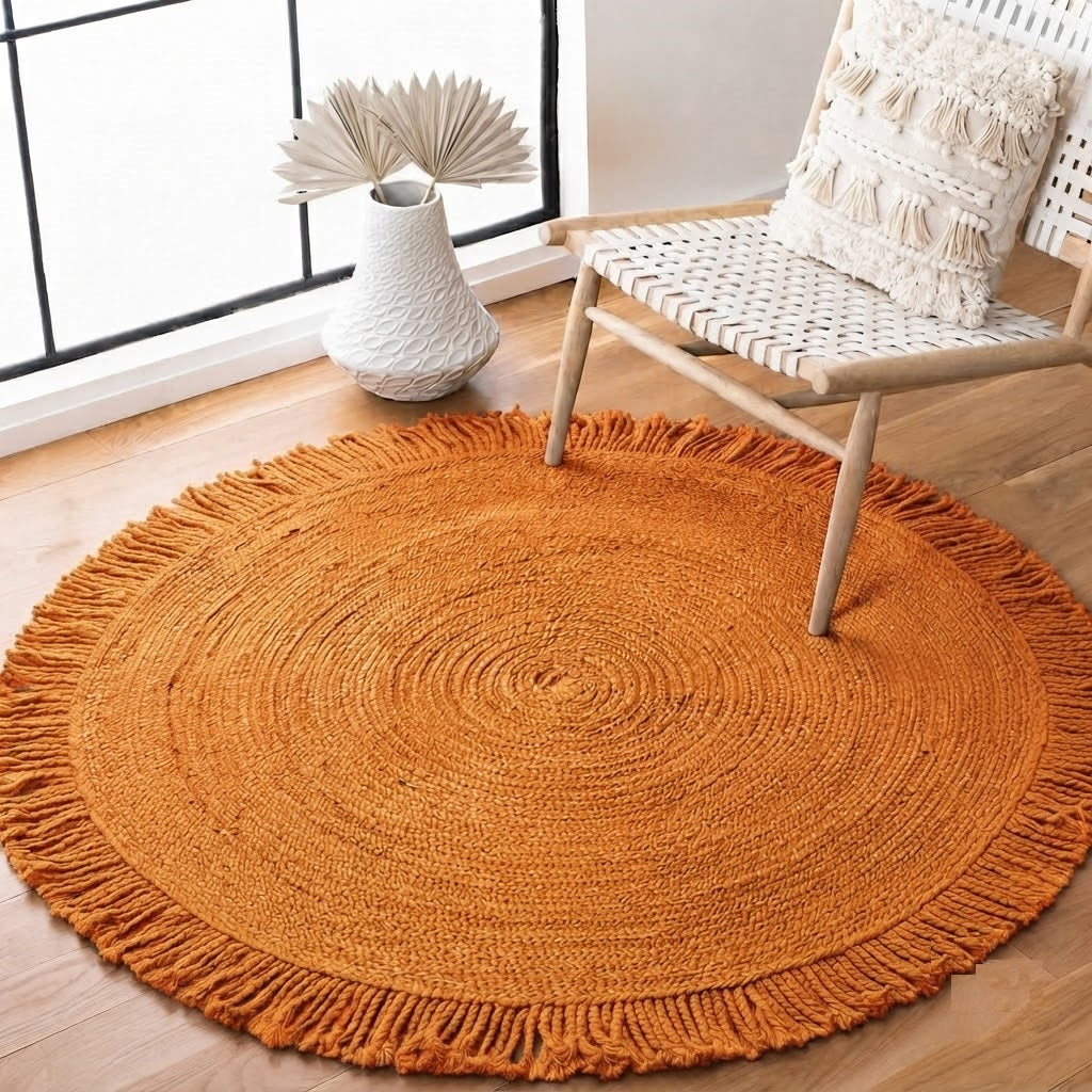 Round Shape Area Rug 100% Hand Braided Rustic Look Carpet for Home Decor Farmhouse Boho Rugs Mats With Fringes (Orange)