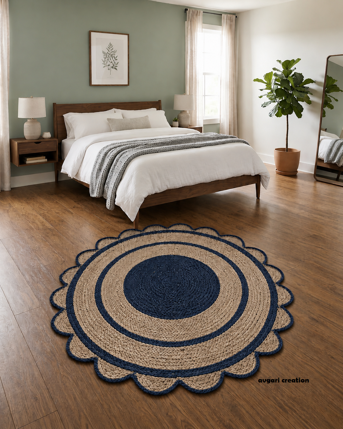 Round Shape Area Rug 100% Hand Braided Rustic Look Carpet for Home Decor Farmhouse Boho Scallop Rugs (Blue Border)
