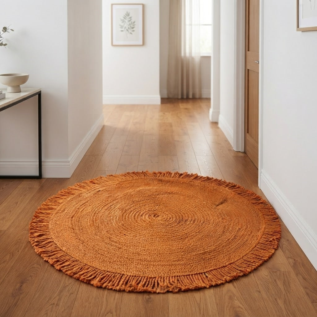Round Shape Area Rug 100% Hand Braided Rustic Look Carpet for Home Decor Farmhouse Boho Rugs Mats With Fringes (Orange)