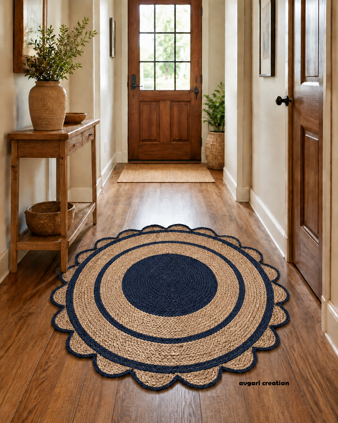 Round Shape Area Rug 100% Hand Braided Rustic Look Carpet for Home Decor Farmhouse Boho Scallop Rugs (Blue Border)