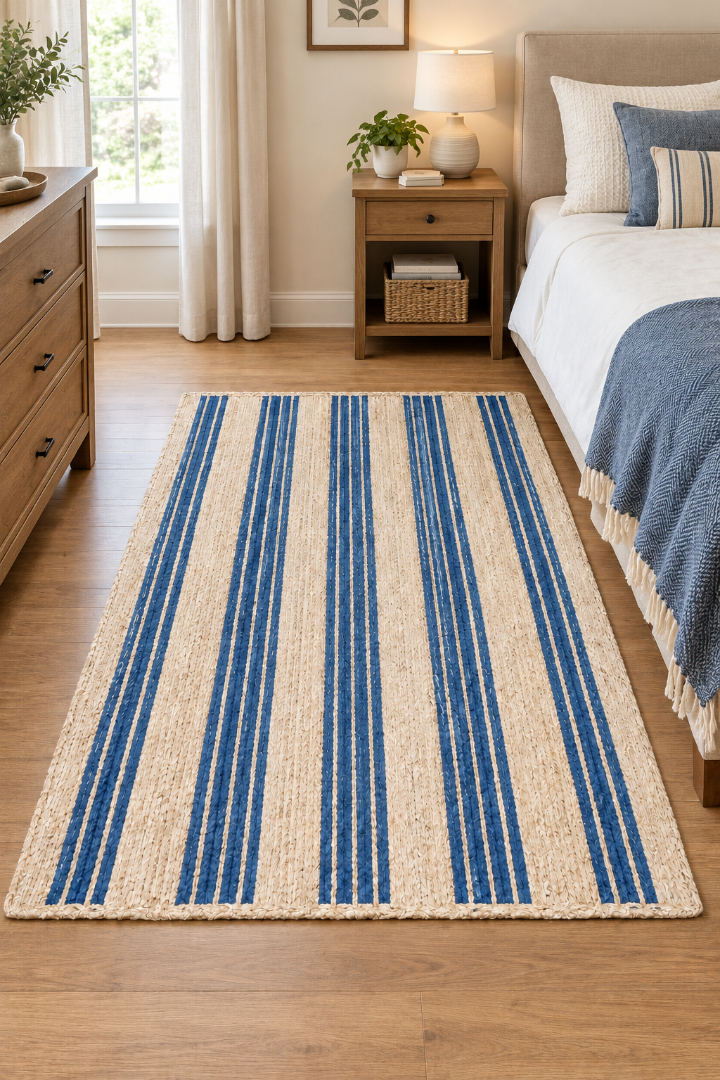 Rectangle Jute Area Rug Hand Woven Braided Sisal Rug Home Decor Farmhouse Carpet Rag Rug for Kitchen Living Room and Bedroom-Beige & Blue Stripe