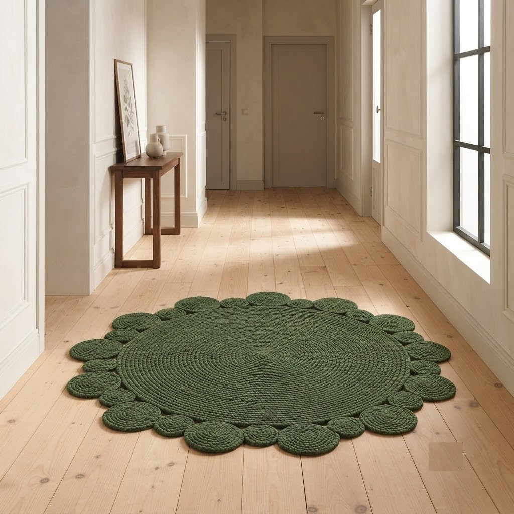 Round Shape Area Rug 100% Hand Braided Rustic Look Carpet for Home Decor Farmhouse Boho Scallop Rugs (Green)
