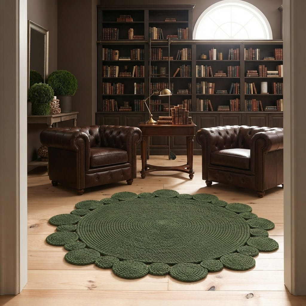 Round Shape Area Rug 100% Hand Braided Rustic Look Carpet for Home Decor Farmhouse Boho Scallop Rugs (Green)