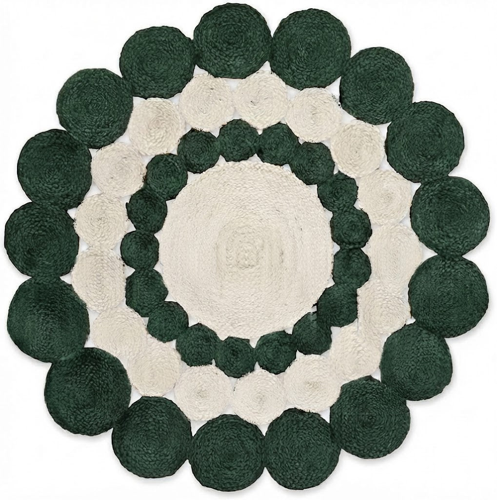 Jute Rug Round Shape Area Rug 100% Hand Braided Rustic Look Area Rug for Home Decor Farmhouse Boho Carpet Mats (Green & White)