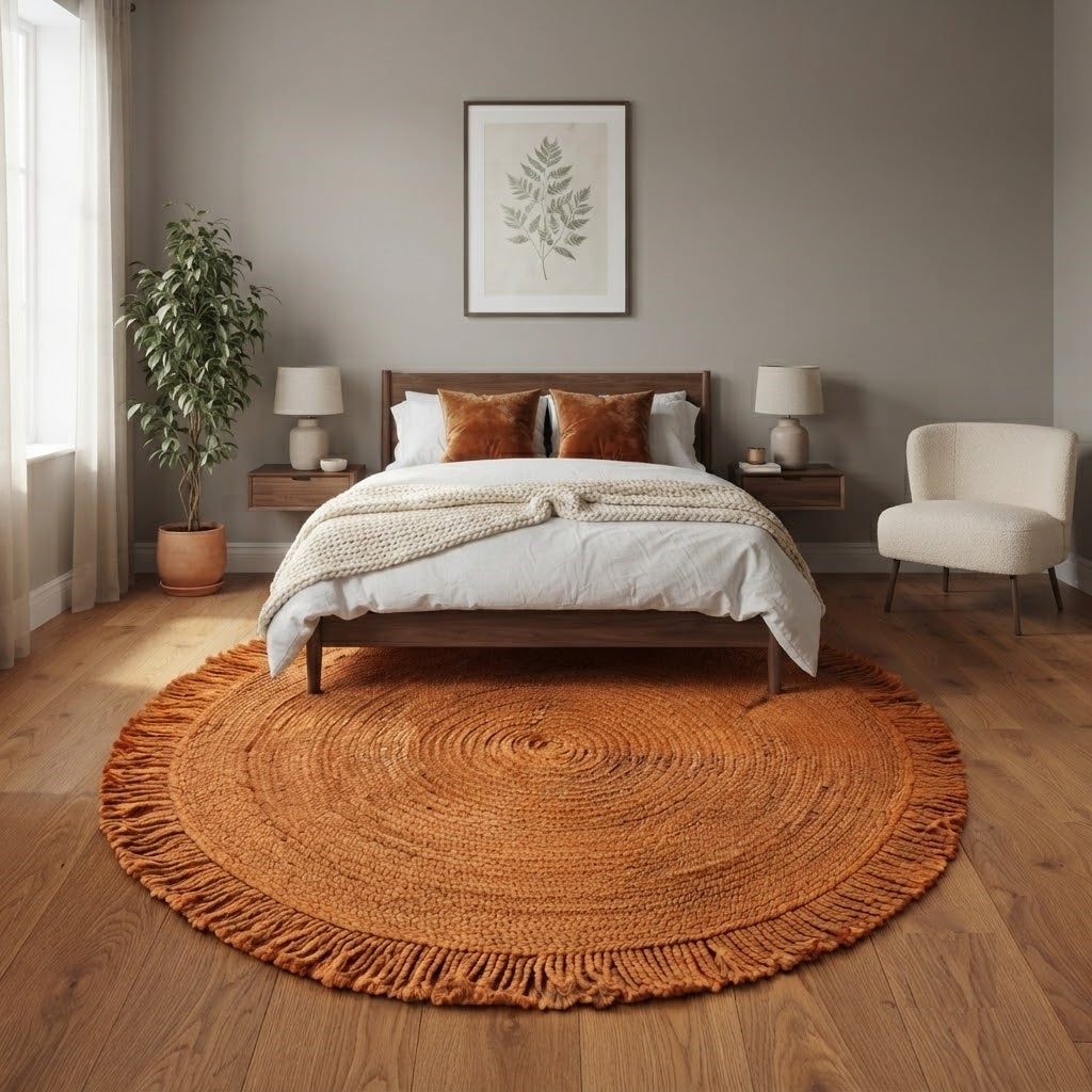Round Shape Area Rug 100% Hand Braided Rustic Look Carpet for Home Decor Farmhouse Boho Rugs Mats With Fringes (Orange)