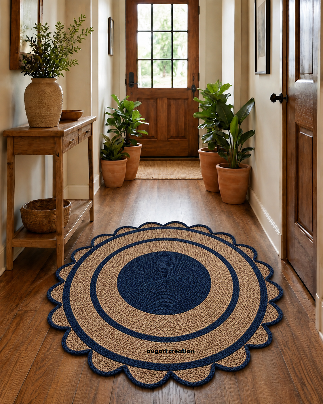 Round Shape Area Rug 100% Hand Braided Rustic Look Carpet for Home Decor Farmhouse Boho Scallop Rugs (Blue Border)