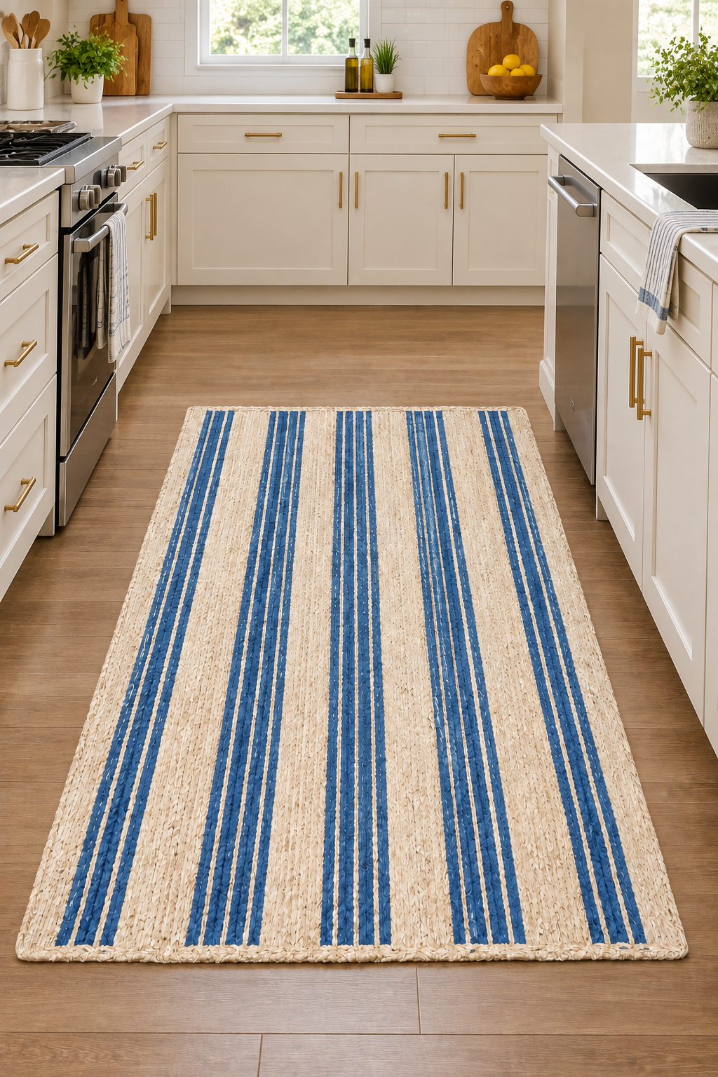 Rectangle Jute Area Rug Hand Woven Braided Sisal Rug Home Decor Farmhouse Carpet Rag Rug for Kitchen Living Room and Bedroom-Beige & Blue Stripe