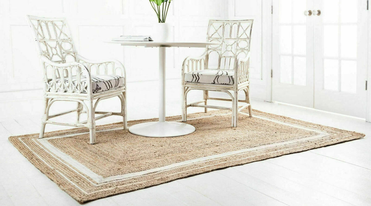 Rectangle Natural Jute Area Rug Hand Woven Braided Sisal Rug Home Decor Farmhouse Carpet Rag Rug for Kitchen Living Room and Bedroom-White Border