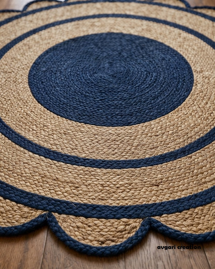Round Shape Area Rug 100% Hand Braided Rustic Look Carpet for Home Decor Farmhouse Boho Scallop Rugs (Blue Border)