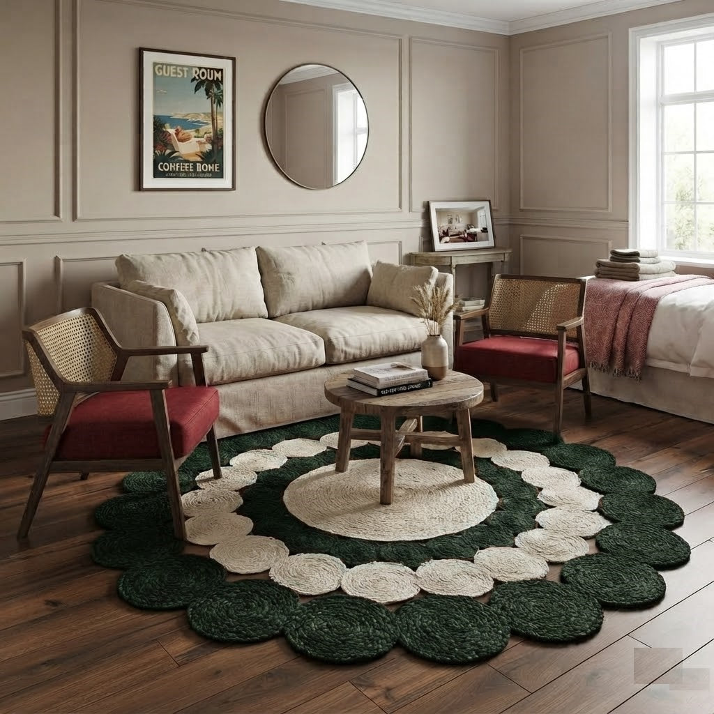 Jute Rug Round Shape Area Rug 100% Hand Braided Rustic Look Area Rug for Home Decor Farmhouse Boho Carpet Mats (Green & White)