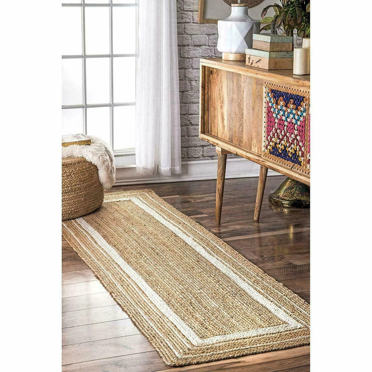 Rectangle Natural Jute Area Rug Hand Woven Braided Sisal Rug Home Decor Farmhouse Carpet Rag Rug for Kitchen Living Room and Bedroom-White Border