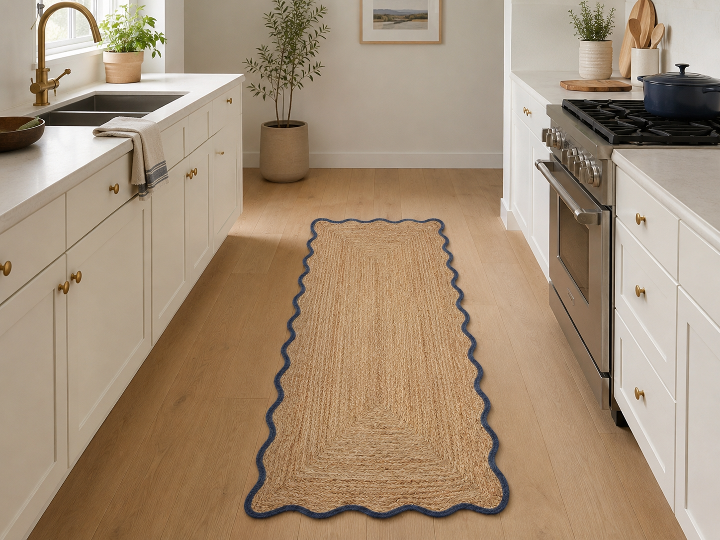 Natural Handwoven Jute Area Rug Scalloped Blue Border Farmhouse Boho Rug for Living Room, Bedroom & Entryway Rustic Indoor Floor Mat