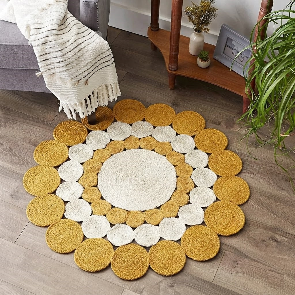 Jute Rug Round Shape Area Rug 100% Hand Braided Rustic Look Area Rug for Home Decor Farmhouse Boho Carpet Mats (Yellow & White)