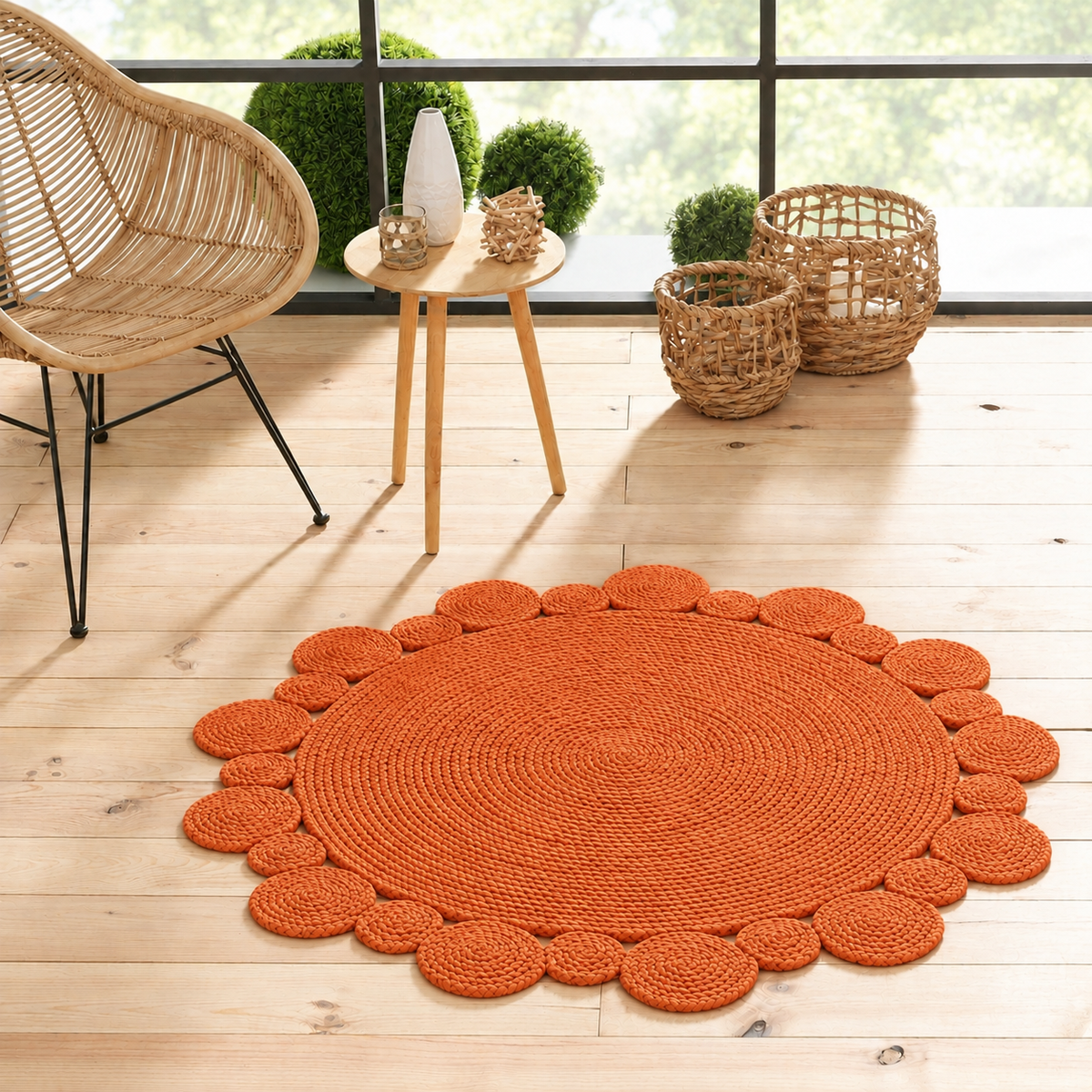 Round Shape Area Rug 100% Hand Braided Rustic Look Carpet for Home Decor Farmhouse Boho Scallop Rugs (Orange)