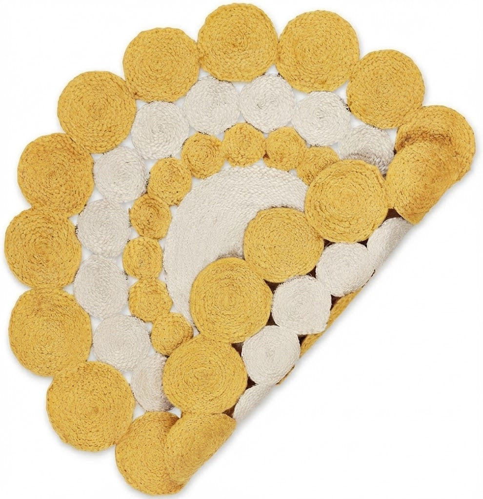 Jute Rug Round Shape Area Rug 100% Hand Braided Rustic Look Area Rug for Home Decor Farmhouse Boho Carpet Mats (Yellow & White)