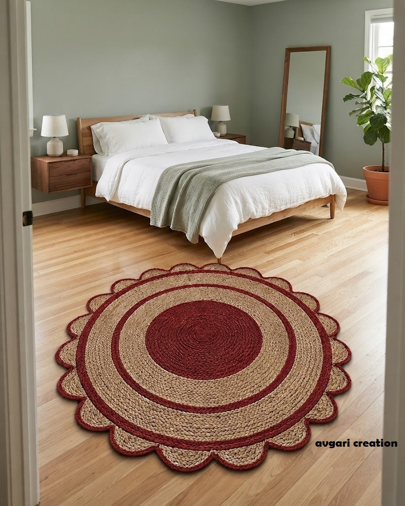 Round Shape Area Rug 100% Hand Braided Rustic Look Carpet for Home Decor Farmhouse Boho Scallop Rugs (Red Border)