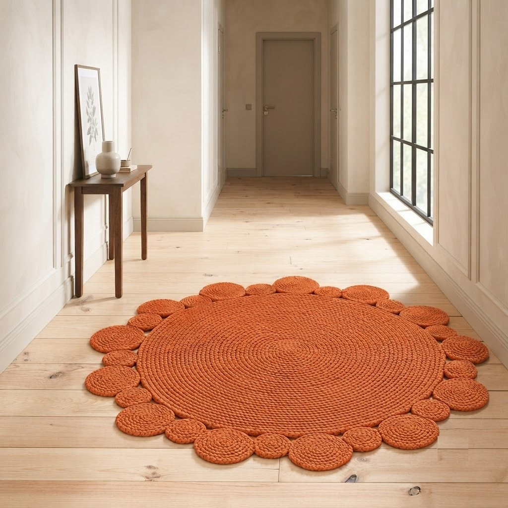 Round Shape Area Rug 100% Hand Braided Rustic Look Carpet for Home Decor Farmhouse Boho Scallop Rugs (Orange)