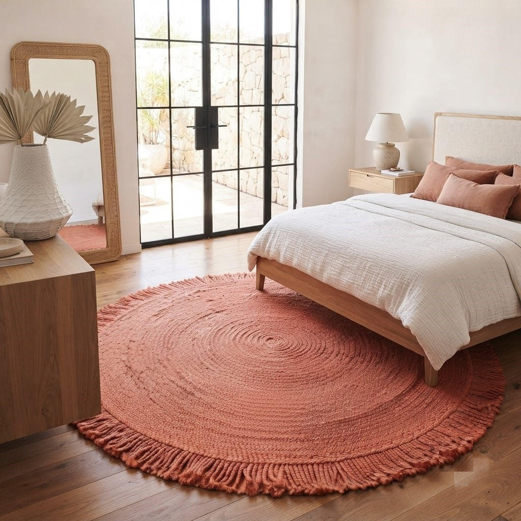Round Shape Area Rug 100% Hand Braided Rustic Look Carpet for Home Decor Farmhouse Boho Rugs Mats With Fringes (Red)