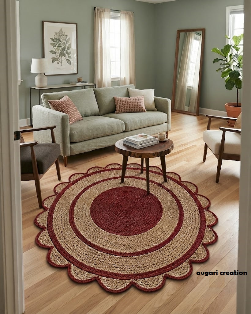 Round Shape Area Rug 100% Hand Braided Rustic Look Carpet for Home Decor Farmhouse Boho Scallop Rugs (Red Border)