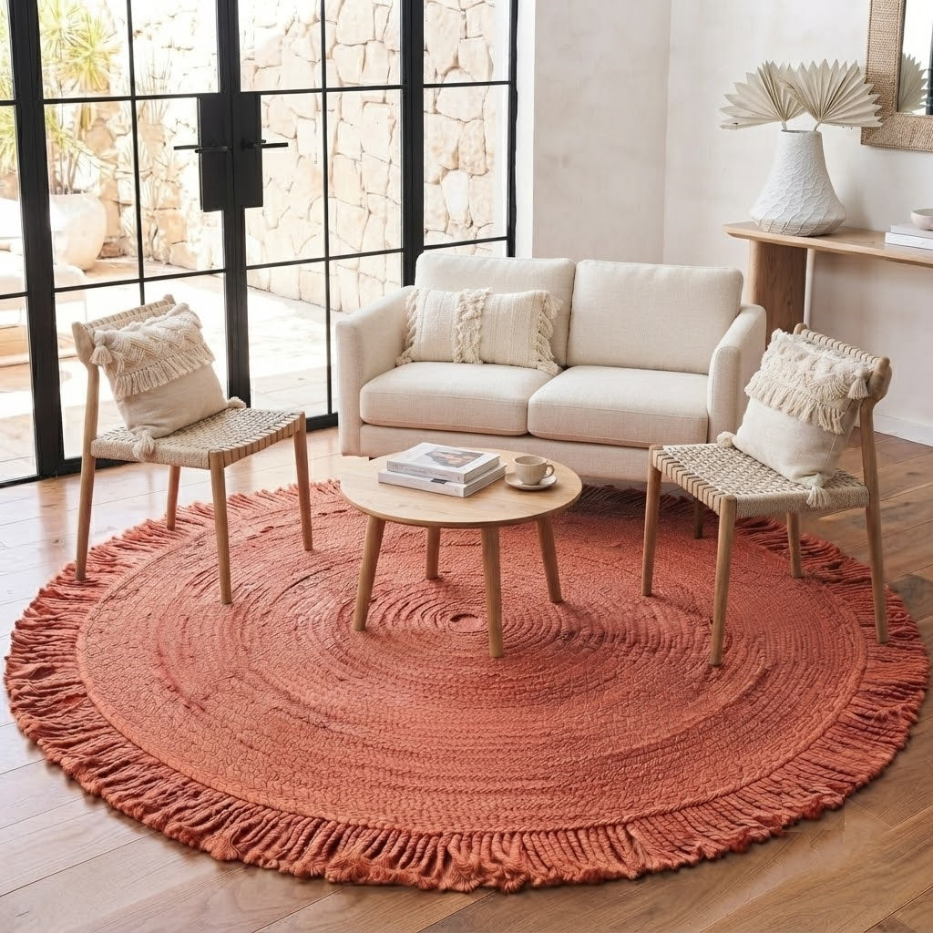 Round Shape Area Rug 100% Hand Braided Rustic Look Carpet for Home Decor Farmhouse Boho Rugs Mats With Fringes (Red)
