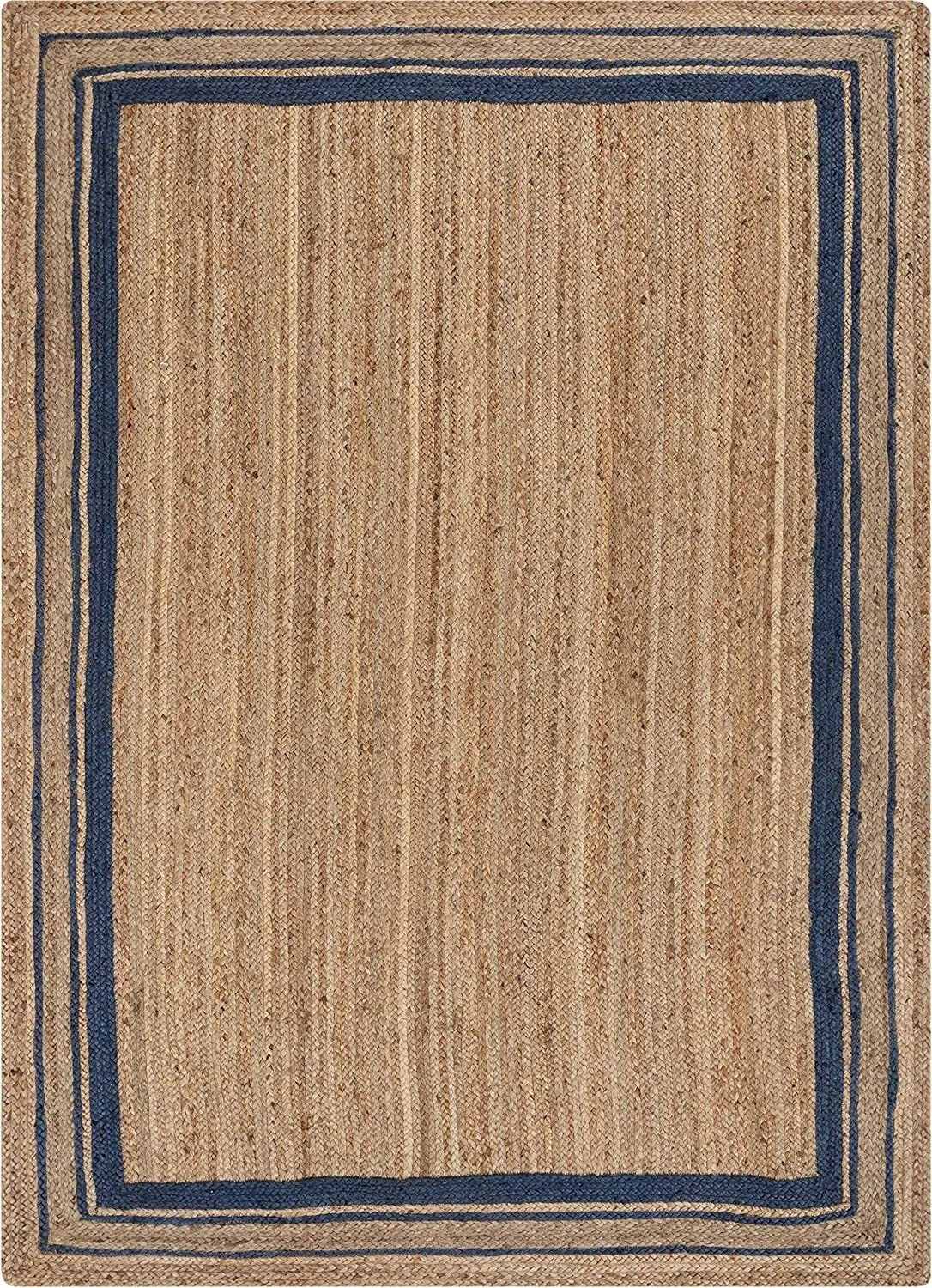 Rectangle Natural Jute Area Rug Hand Woven Braided Sisal Rug Home Decor Farmhouse Carpet Rag Rug for Kitchen Living Room and Bedroom-Blue Border