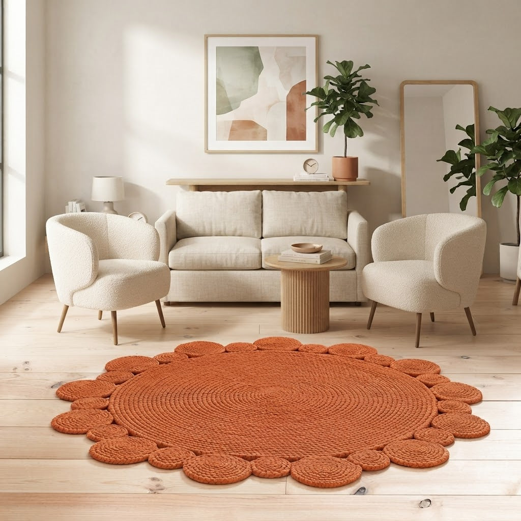 Round Shape Area Rug 100% Hand Braided Rustic Look Carpet for Home Decor Farmhouse Boho Scallop Rugs (Orange)