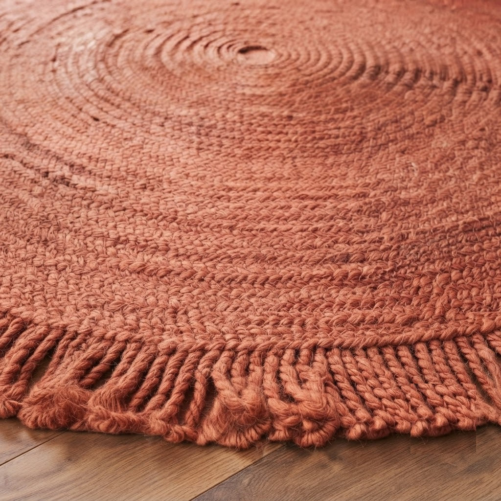 Round Shape Area Rug 100% Hand Braided Rustic Look Carpet for Home Decor Farmhouse Boho Rugs Mats With Fringes (Red)